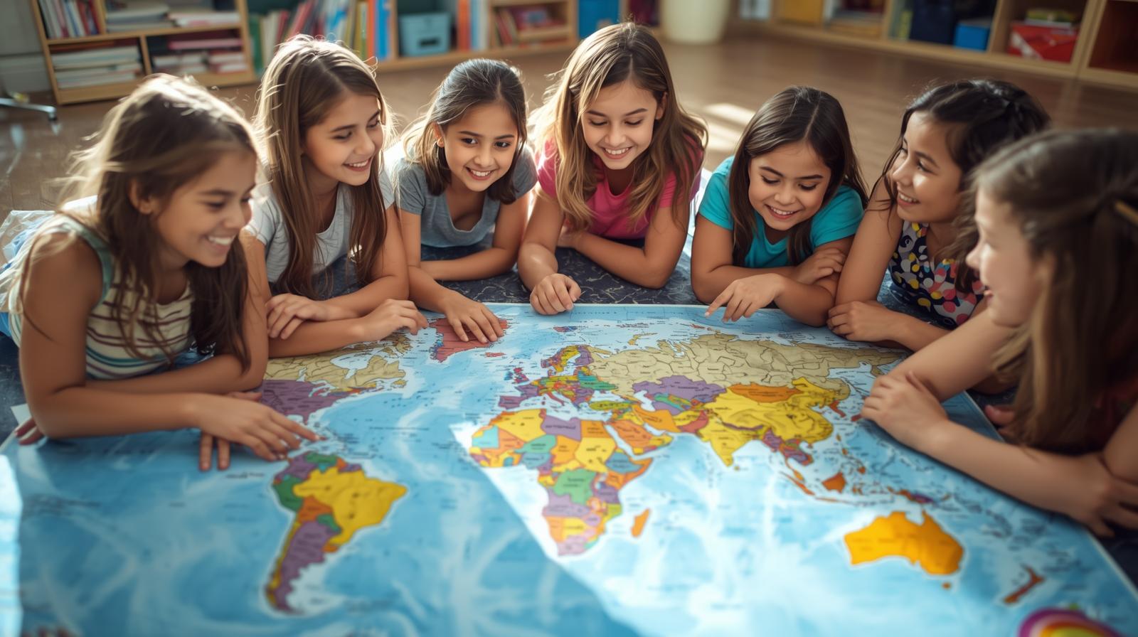 kids playing with the map